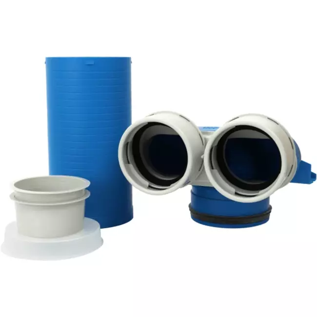Collecteur de valve de ventilation Vent-Axia Uniflexplus 2x Ø90 mm avec manchon coulissant de 250mm et couvercle de mortier Ø125 mm