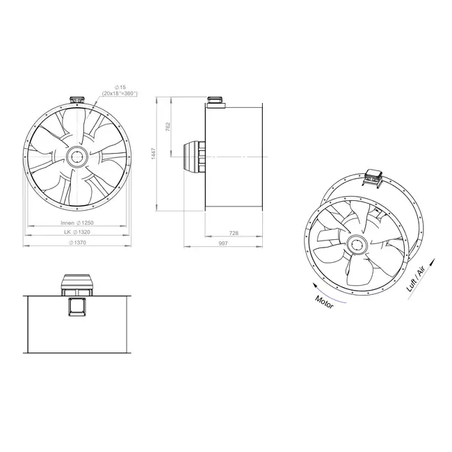 Axiaal 1250 mm kanaalventilator rookgas F300- AL 1250 D6 F3 03 CFG