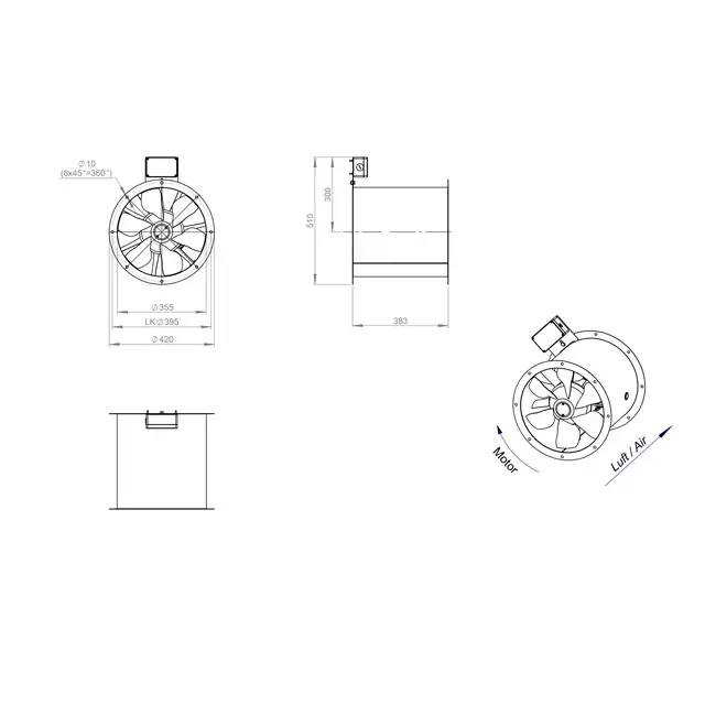 Axiaal 355 mm kanaalventilator rookgas F400 - AL 355 D42U F4 01 CFG