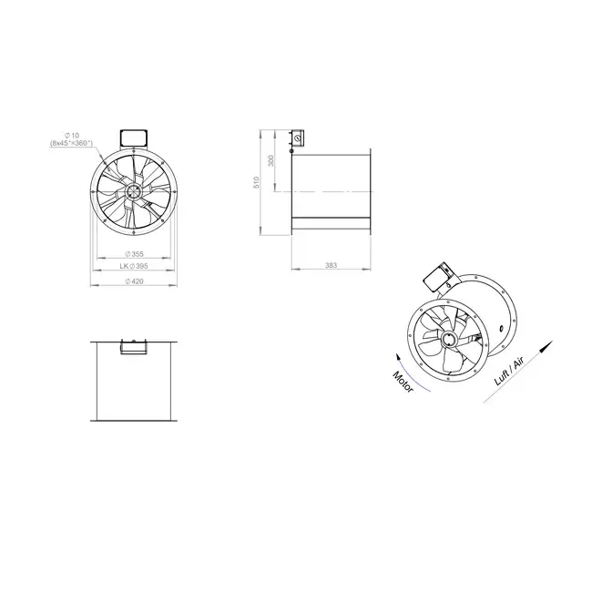 Ventilateur axial de 355 mm pour gaz de combustion F300- AL 355 D2 F3 02 CFG