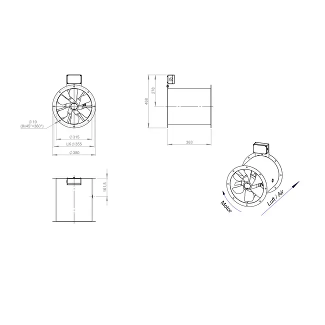Axiaal 315 mm kanaalventilator rookgas F300- AL 315 D2 F3 03 CFG