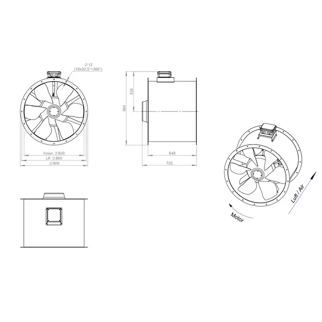 Axiaal 800 mm kanaalventilator rookgas F400 - AL 800 D4 F4 03 CFG