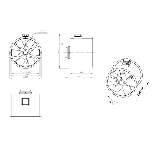 Axiaal 800 mm kanaalventilator rookgas F300- AL 800 D4 F3 06 CFG