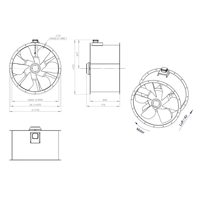 Axiaal 1000 mm kanaalventilator rookgas F400 - AL 1000 D6 F4 02 CFG