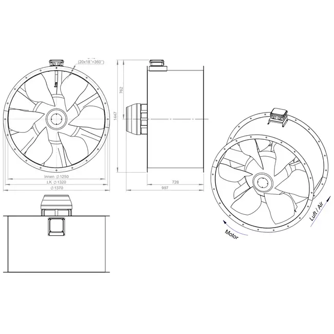 Axiaal 1250 mm kanaalventilator rookgas F400 - AL 1250 D6 F4 03 CFG