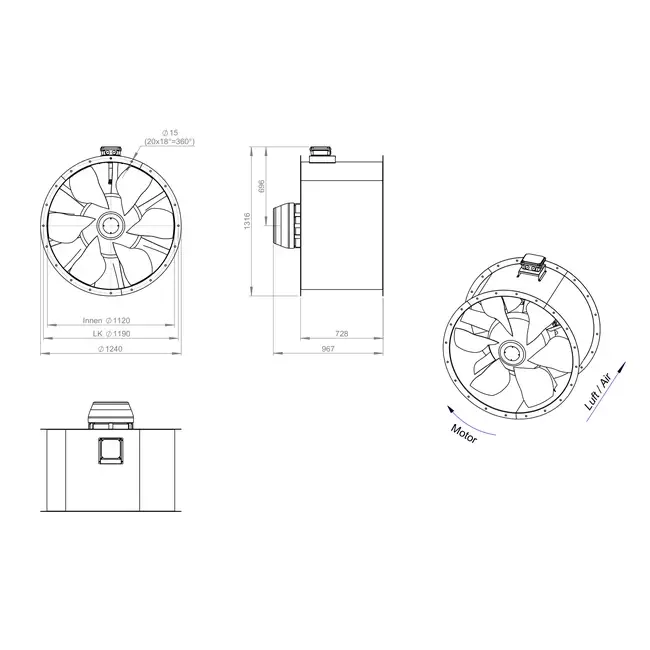 Axiaal 1120 mm kanaalventilator rookgas F400 - AL 1120 D6 F4 03 CFG