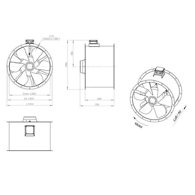 Axiaal 900 mm kanaalventilator rookgas F300- AL 900 D84U F3 02 CFG
