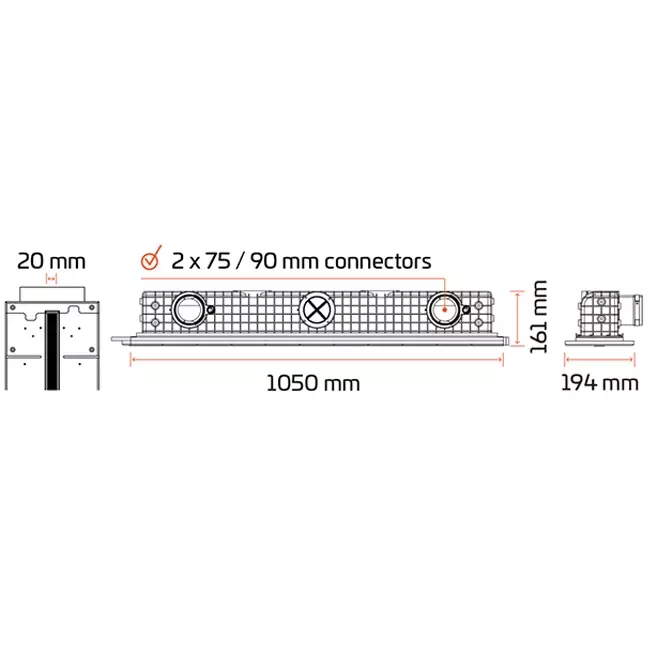 Ergovent instucbaar frameloos lijnrooster 1050 mm met aansluitdiameter 90 mm - modulair - 1 sleuf