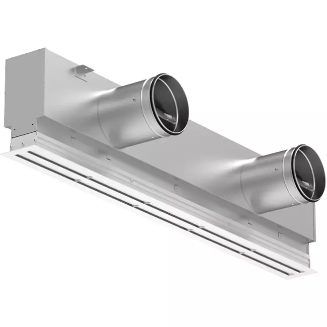 Lijnrooster aluminium met 3 instelbare patroonbladen – 1250 mm – RAL 9016 + geïsoleerd plenum met luchtdebietregelklep