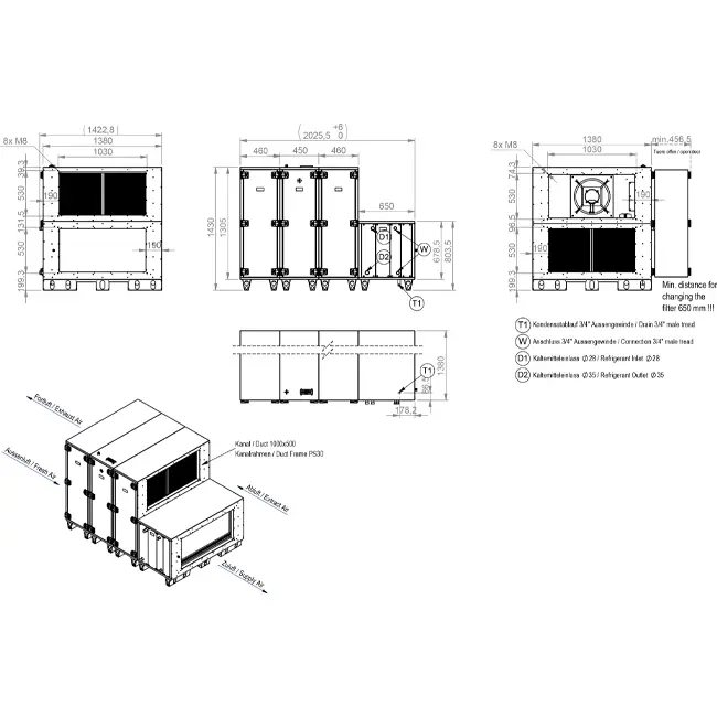 Maxivent WTW luchtbehandelingkasten met warmtewiel 12600 m3/h met warmwaterbatterij en DX-koeling horizontaal links - RHE 12600 H WDJL T 01