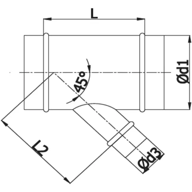 T-stuk Ø 200mm - Ø 100mm voor spirobuis (45°)
