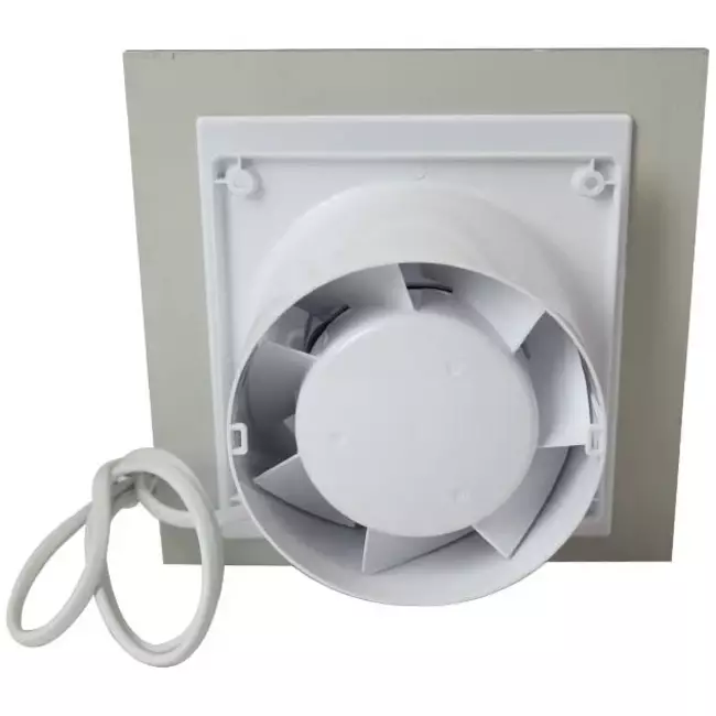 Badkamer ventilator Ø 125 mm met trekkoord en stekker - glazen front satijn zilver
