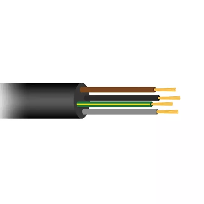 Soepele zwarte rubberkabel 4 x 1,5 voor buiten, rol 50 meter