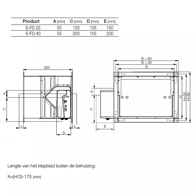 Brandklep rechthoekig eindeloopcontact - E-FD40 1400x800 R S