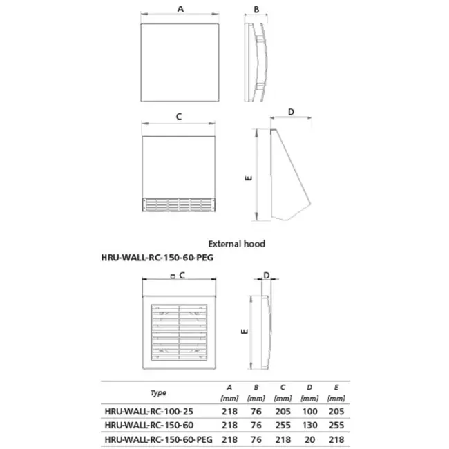 Decentrale WTW  HRU wall Ø150 met afstandsbediening - 60 m³/h - HRU-WALL-RC-150-60-PEG
