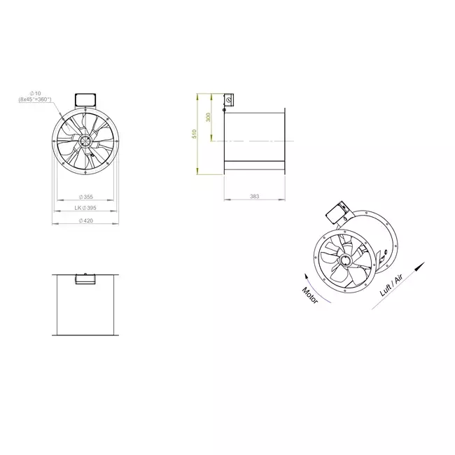 Axiaal 355 mm kanaalventilator rookgas F300- AL 355 D4 F3 01 CFG