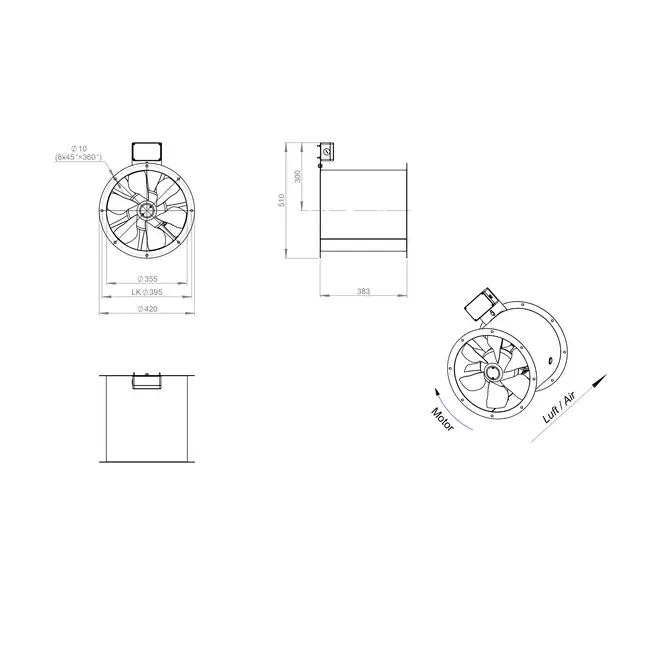 Axiaal 355 mm kanaalventilator rookgas F300- AL 355 D2 F3 01 CFG