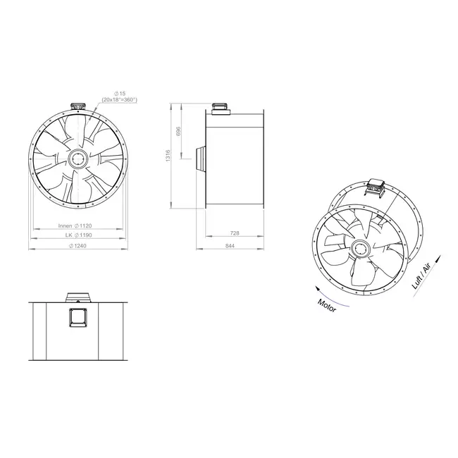 Axiaal 1120 mm kanaalventilator rookgas F300- AL 1120 D6 F3 02 CFG