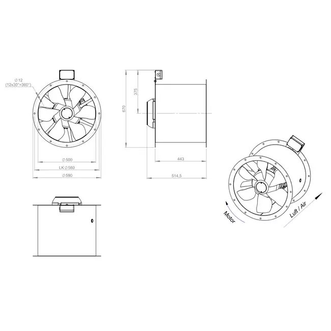 Axiaal 500 mm kanaalventilator rookgas F300- AL 500 D2 F3 01 CFG