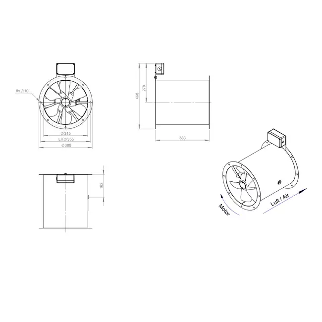 Axiaal 315 mm kanaalventilator rookgas F400 - AL 315 D42U F4 02 CFG
