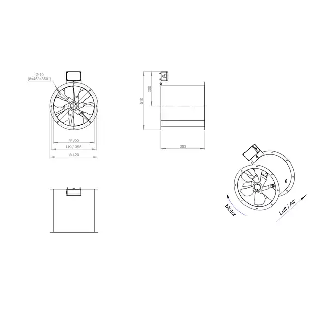 Ventilateur axial de 355 mm pour gaz de combustion F400 - AL 355 D42U F4 02 CFG