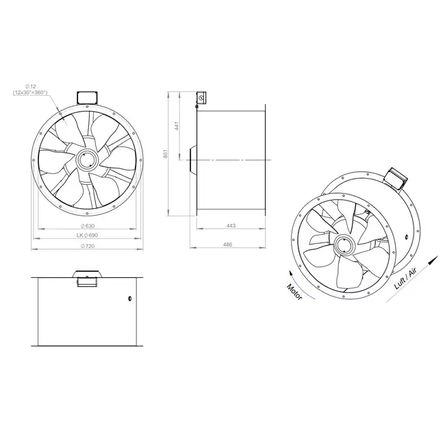 Axiaal 630 mm kanaalventilator rookgas F400 - AL 630 D84U F4 02 CFG