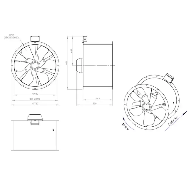 Axiaal 630 mm kanaalventilator rookgas F400 - AL 630 D84U F4 01 CFG