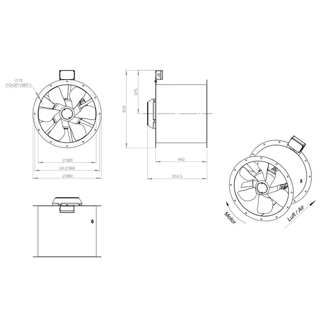 Axiaal 500 mm kanaalventilator rookgas F400 - AL 500 D42U F4 01 CFG
