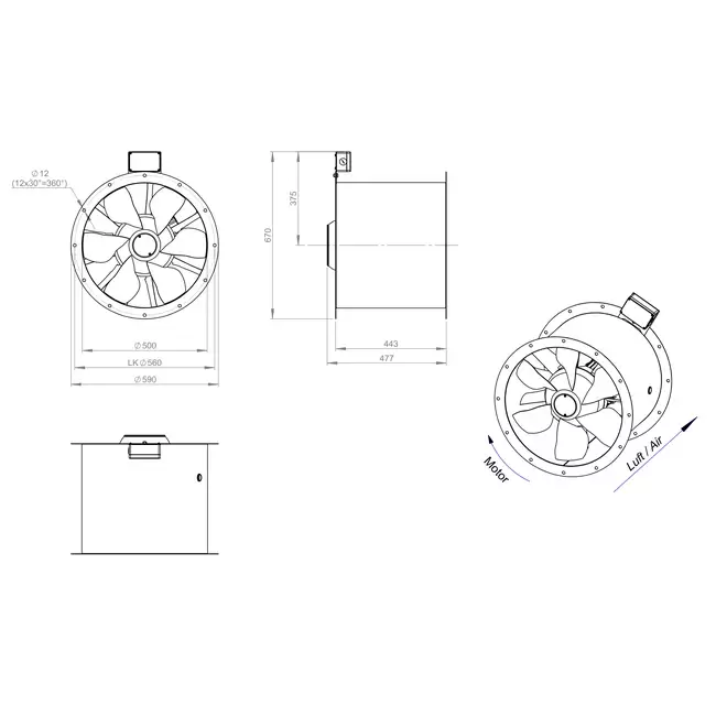 Ventilateur axial de 500 mm pour gaz de combustion F300- AL 500 D2 F3 02 CFG