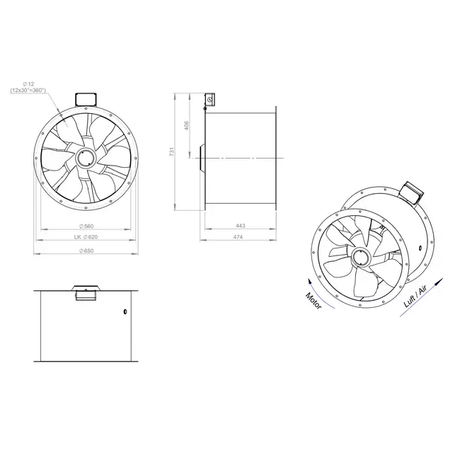 Axiaal 560 mm kanaalventilator rookgas F400 - AL 560 D84U F4 01 CFG