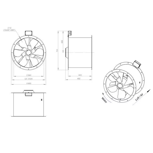 Axiaal 560 mm kanaalventilator rookgas F300- AL 560 D4 F3 04 CFG