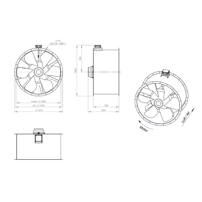 Axiaal 1250 mm kanaalventilator rookgas F300- AL 1250 D6 F3 07 CFG