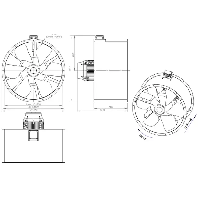 Axiaal 1250 mm kanaalventilator rookgas F400 - AL 1250 D6 F4 04 CFG