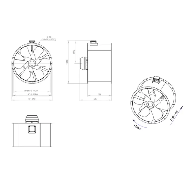 Axiaal 1120 mm kanaalventilator rookgas F300- AL 1120 D6 F3 05 CFG