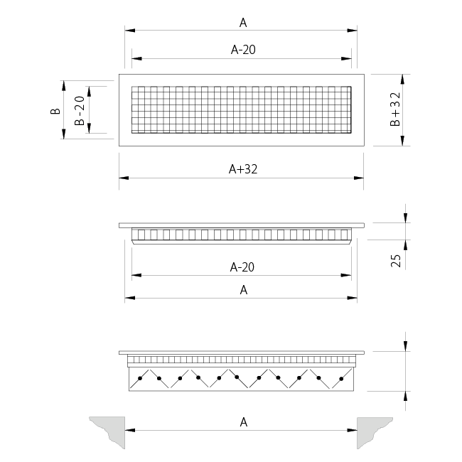 Grille murale en aluminium avec grille fixe - avec ressorts de friction - 400x150 mm - RAL 9016