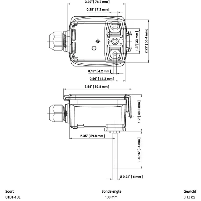 Belimo kanaal-/dompeltemperatuursensor PT1000 100x6 mm - 01DT-1BL