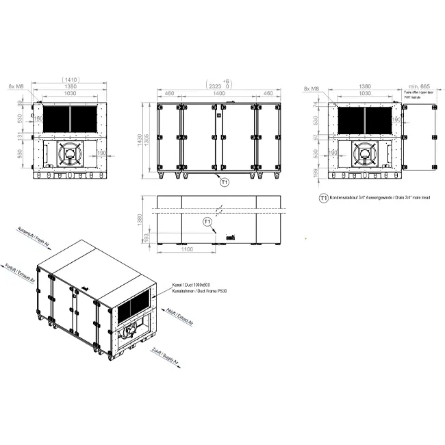 Maxivent WTW luchtbehandelingkasten met tegenstroomwisselaar 4200 m3/h horizontaal horizontaal links - PHE 4200 H OOJL T 01