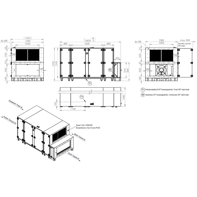 Maxivent WTW luchtbehandelingkasten met tegenstroomwisselaar 5000 m3/h met warmwaterbatterij horizontaal links - PHE 5000 H WOJL T 01