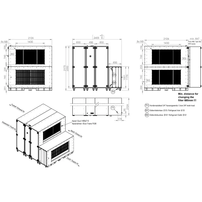 Maxivent WTW luchtbehandelingkasten met warmtewiel 5000 m3/h met DX-batterij horizontaal links - RHE 5000 H ODJL T 01