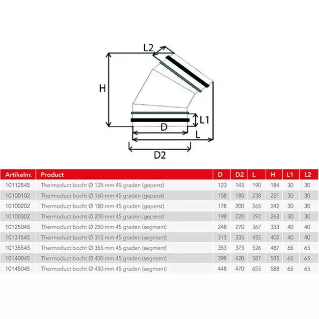 Thermoduct 13mm bocht diameter 355 mm 45 graden geisoleerd