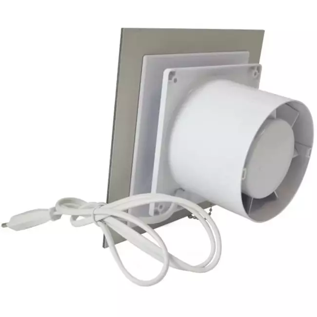 Badkamer ventilator Ø 125 mm met trekkoord en stekker - glazen front satijn zilver